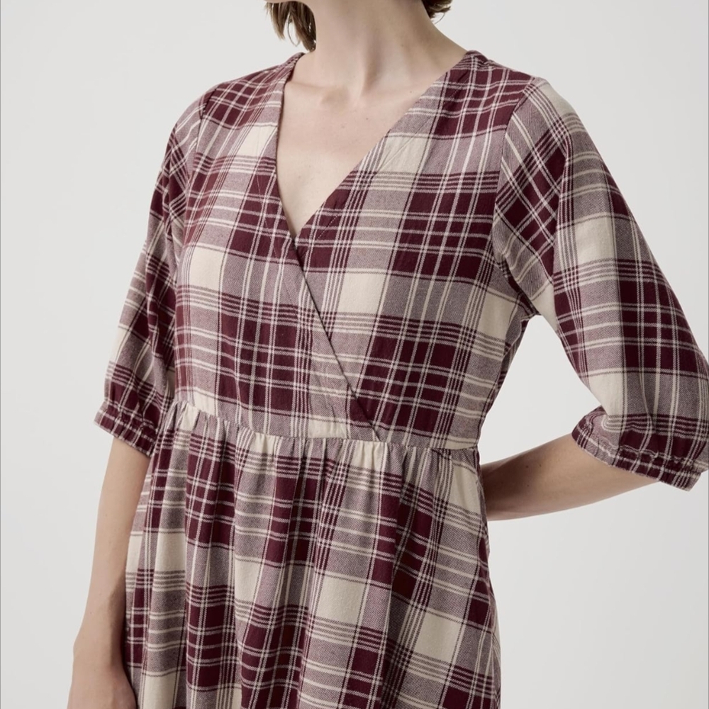Plaid V-Neck Dress in Burgundy and Cream